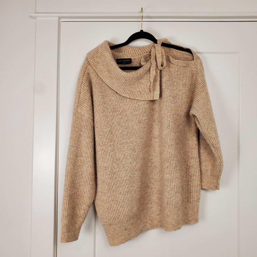 Lane Bryant Sweater Womens 18/20 Tan Cold Shoulder Tie Neck Fuzzy Knit